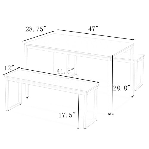 3pcs Dining Table Set with Two Benches, Brown