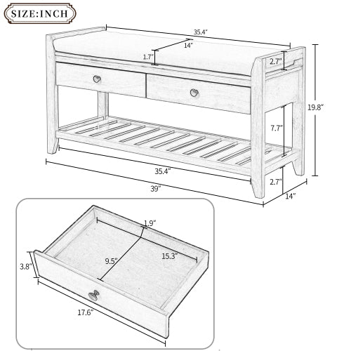 Shoes Rack Bench with Cushioned Seat and Drawers, Espresso