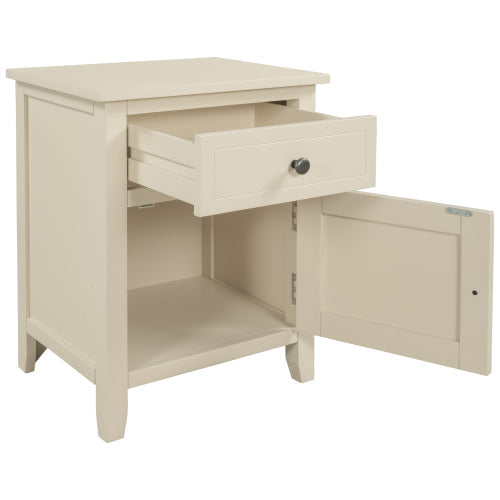 Solid Wood End Table, with Cabinet and Drawer, Beige