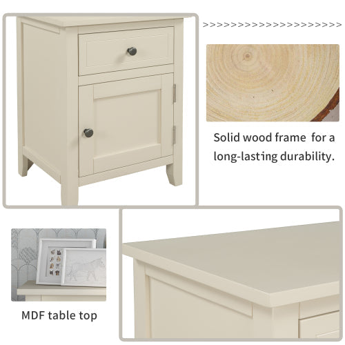 Solid Wood End Table, with Cabinet and Drawer, Beige