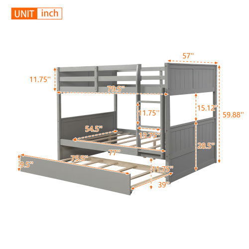 Full Over Full Bunk Bed with Twin Size Trundle, Gray