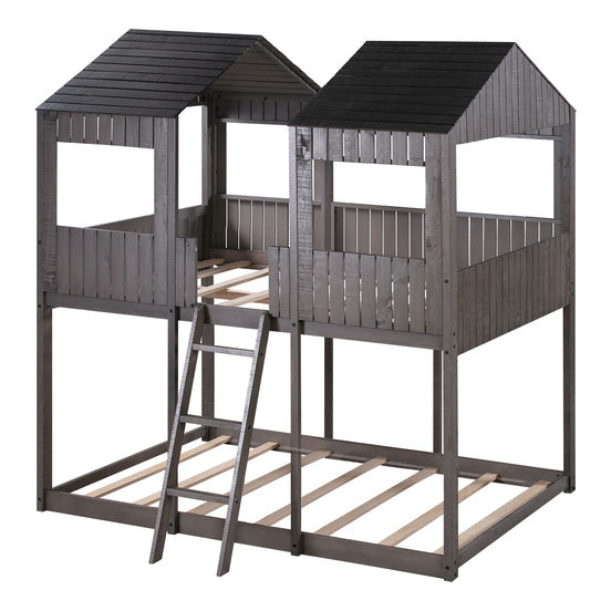 Full Over Full Bunk Bed with Roof, Antique Gray