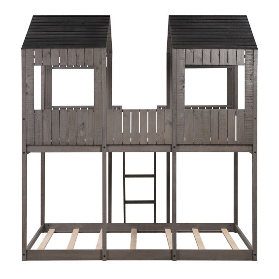 Full Over Full Bunk Bed with Roof, Antique Gray