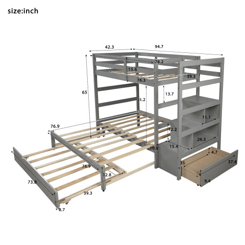 Twin over Twin/King Bunk Bed with Trundle, Gray