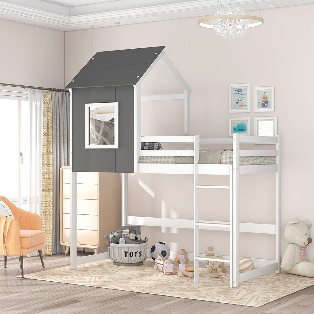 Twin Size Loft House Bed with Roof