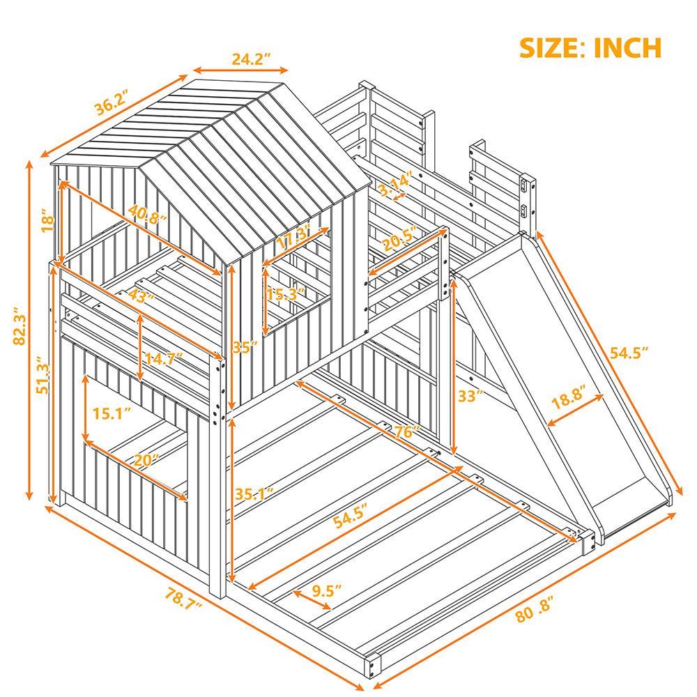 Twin Over Full Loft Bunk Bed with Playhouse, Ladder and Slide, White