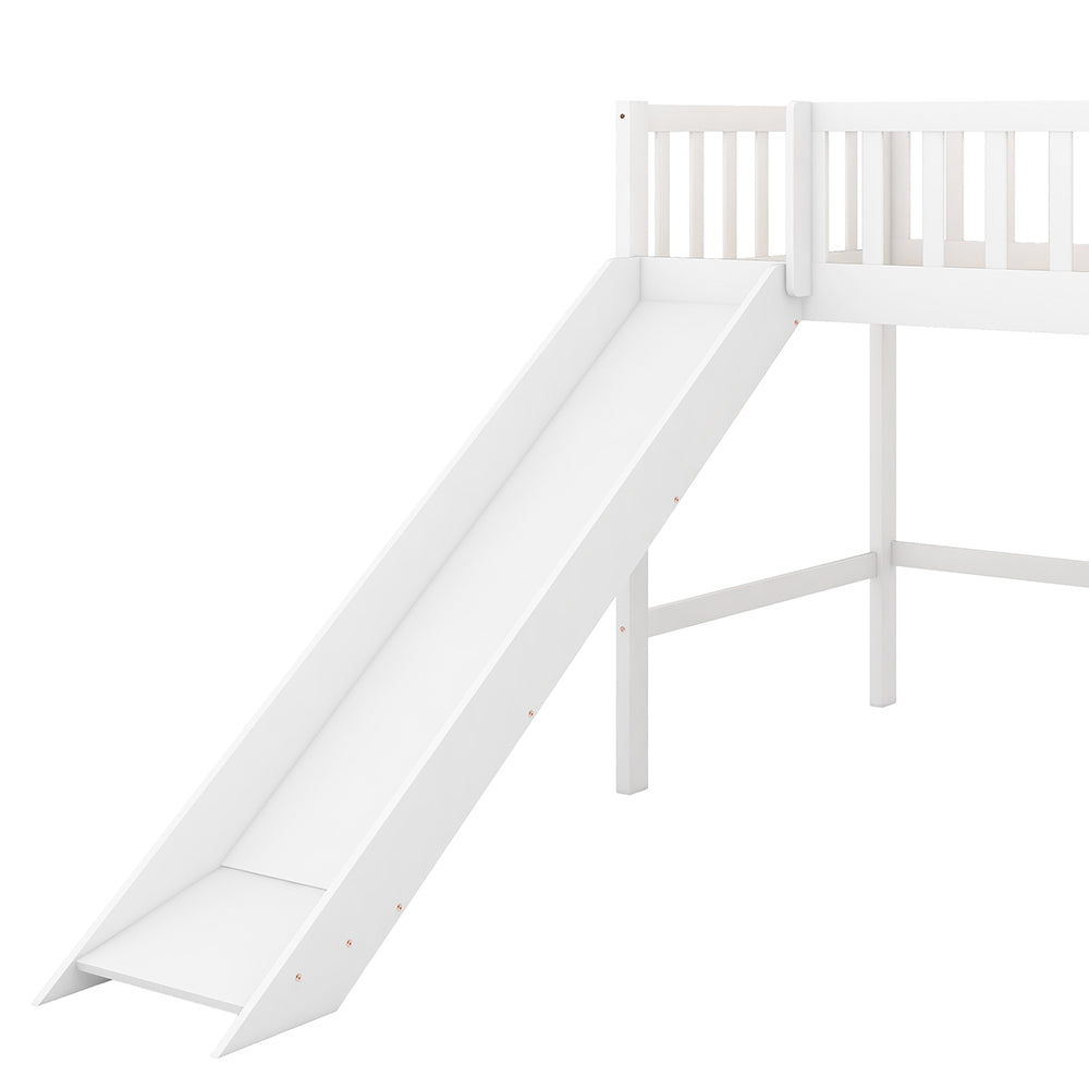 Twin Size Low Loft Bed with Ladder and Slide, White