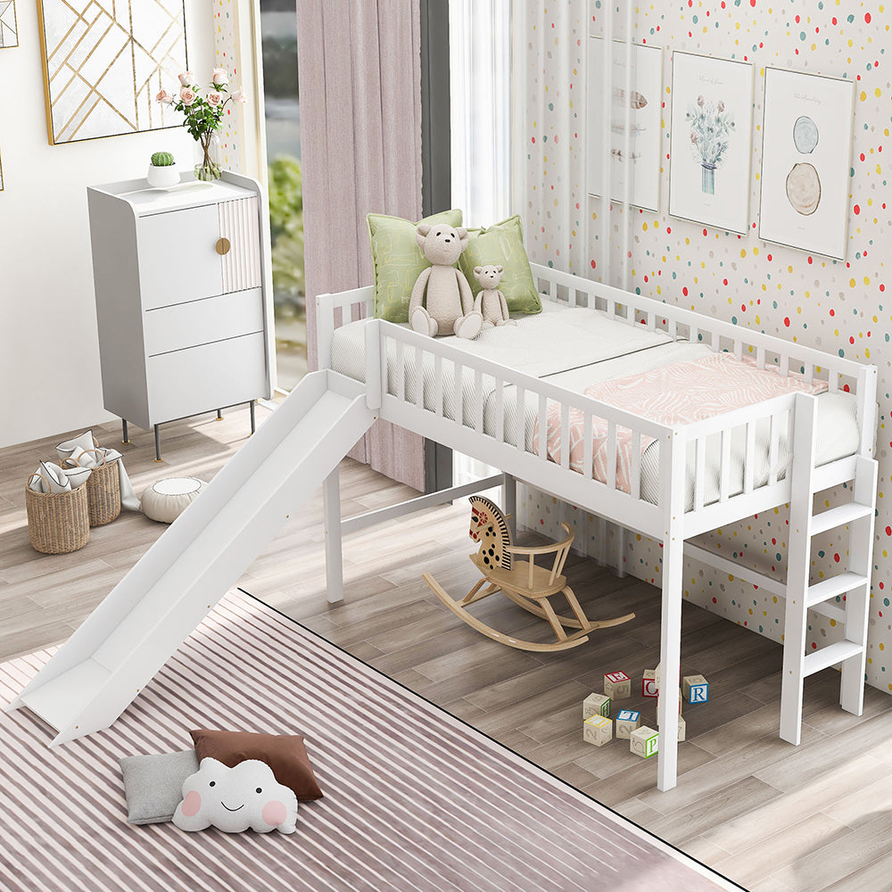 Twin Size Low Loft Bed with Ladder and Slide