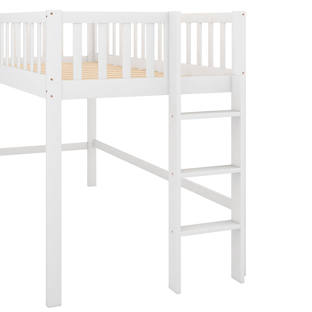 Twin Size Low Loft Bed with Ladder and Slide, White