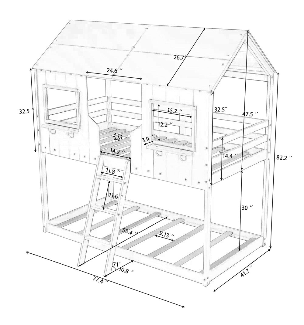 Twin Over Twin Bunk Bed with Roof