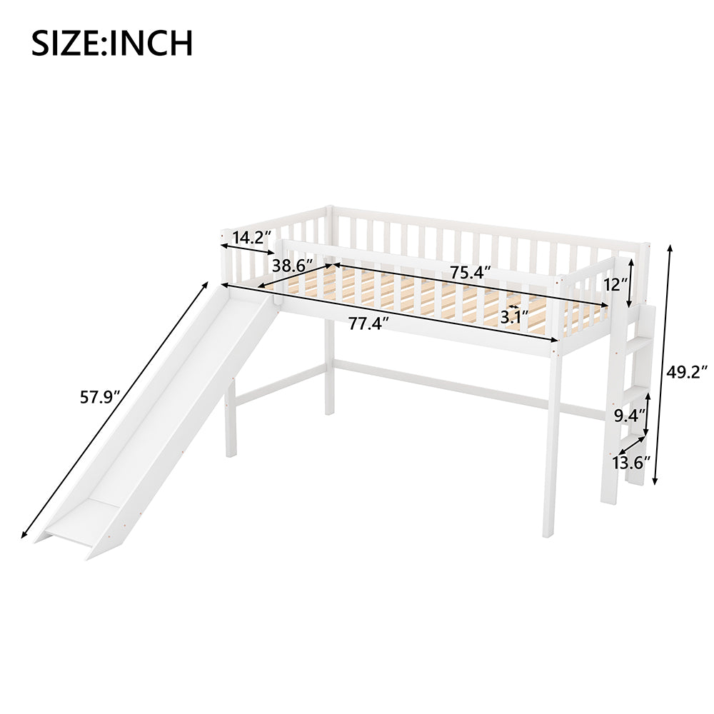 Twin Size Low Loft Bed with Ladder and Slide