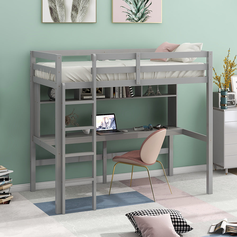 Twin Size Loft Bed with Desk and Shelves