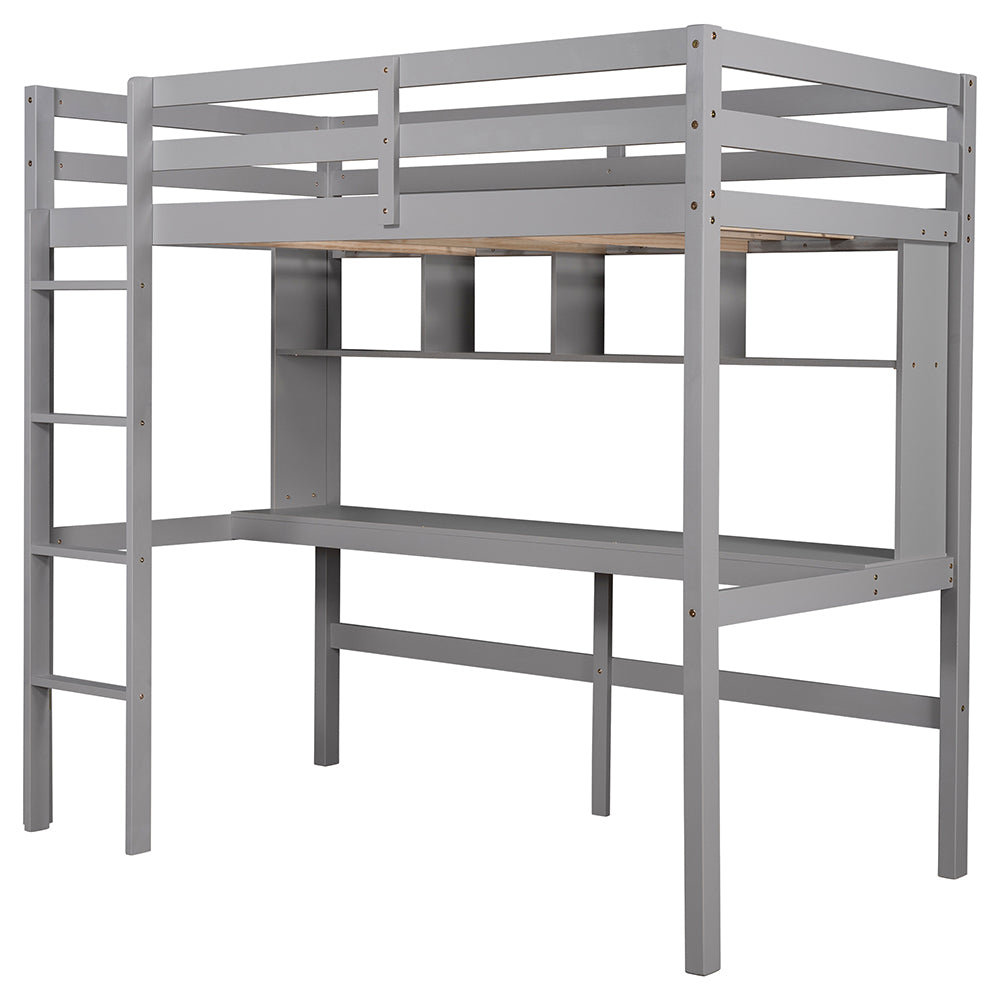 Twin Size Loft Bed with Desk and Shelves