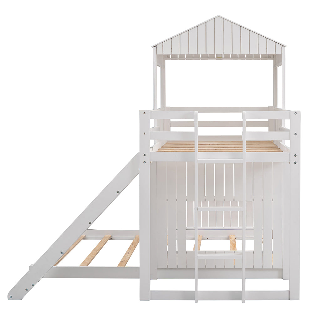 Twin Over Full Loft Bunk Bed with Playhouse, Ladder and Slide, White