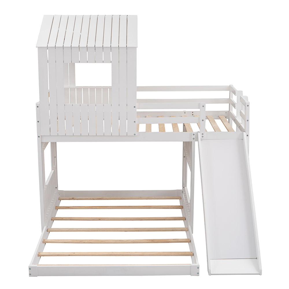 Twin Over Full Loft Bunk Bed with Playhouse, Ladder and Slide, White