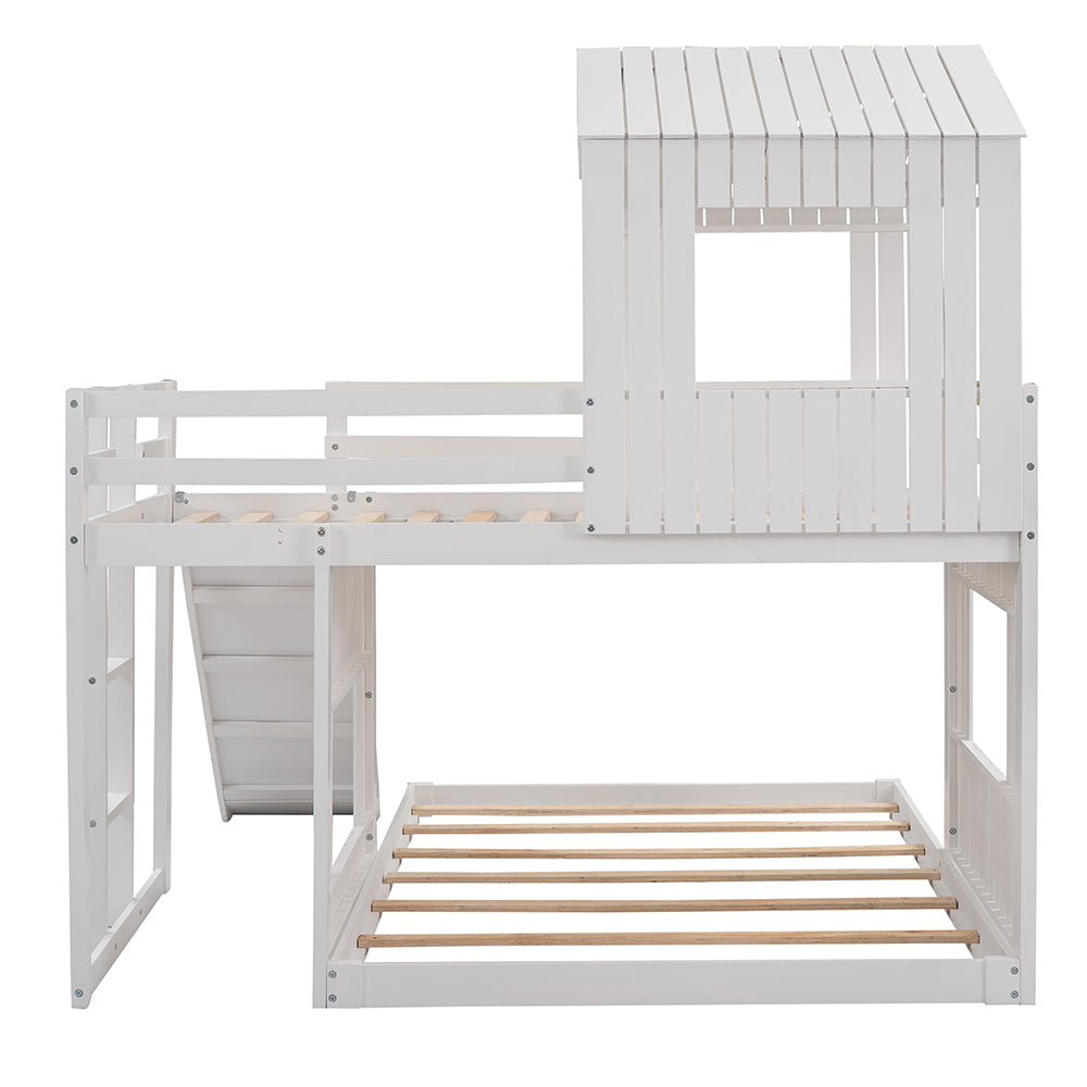 Twin Over Full Loft Bunk Bed with Playhouse, Ladder and Slide, White