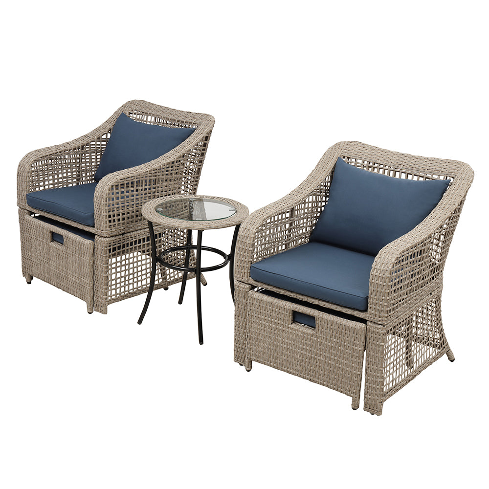 Rattan Wicker Chairs with Stools and Glass Table