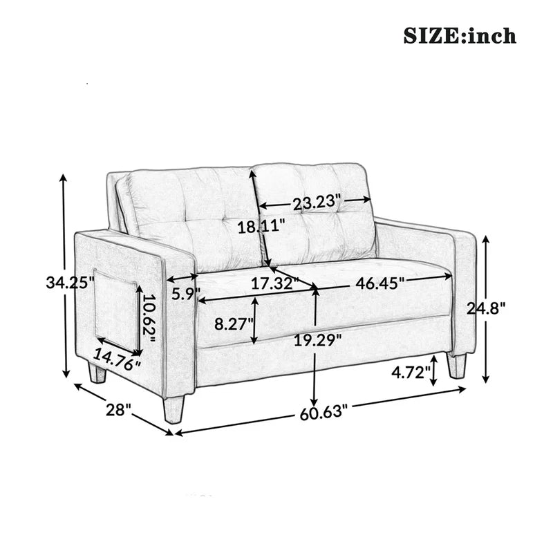 Velvet Square Arm Loveseat Modern Sofa Couch, Black