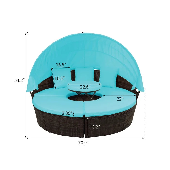 Patio Round Sunbed Sectional Rattan Sofa Set with Retractable Canopy (Blue)