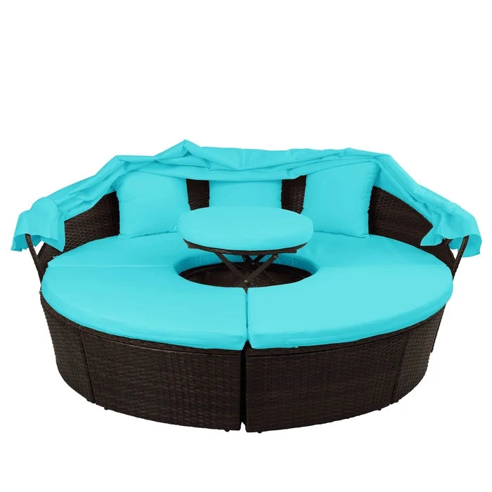 Patio Round Sunbed Sectional Rattan Sofa Set with Retractable Canopy (Blue)