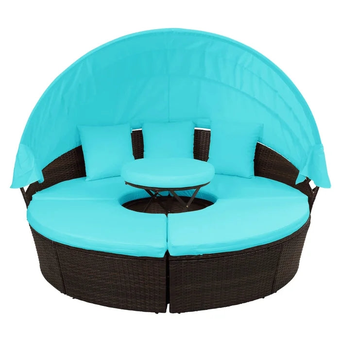 Patio Round Sunbed Sectional Rattan Sofa Set with Retractable Canopy (Blue)