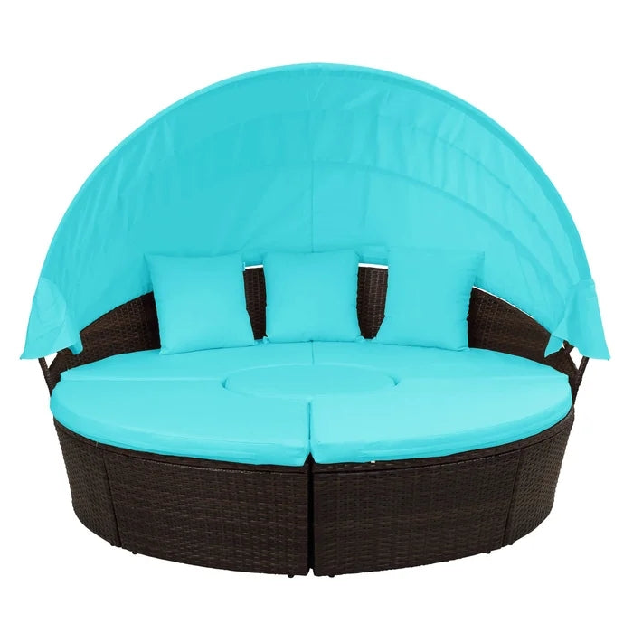 Patio Round Sunbed Sectional Rattan Sofa Set with Retractable Canopy (Blue)