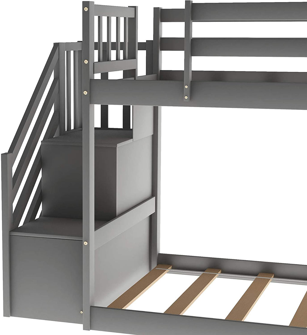 Twin Over Twin Floor Bunk Bed with Slide and Stair, Gray