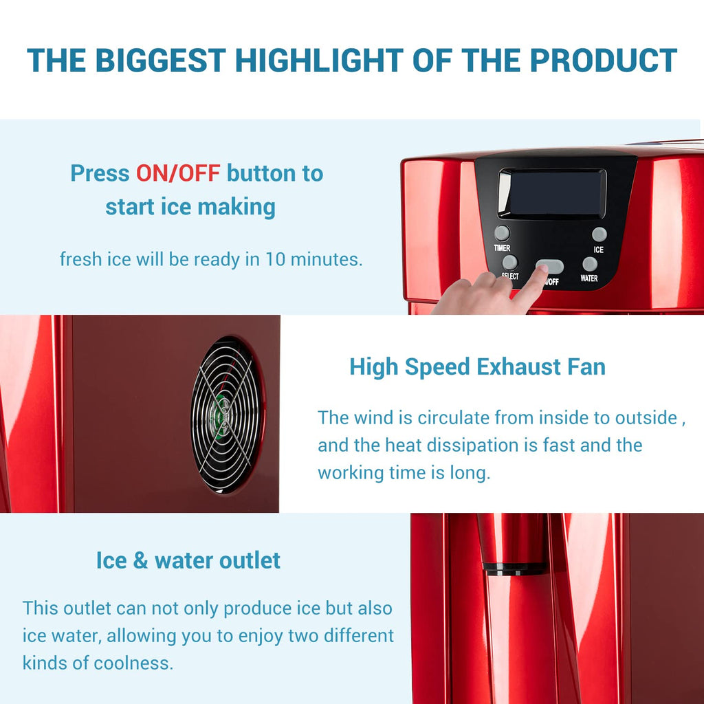 2 In 1 Electric Portable Ice Maker, Countertop Automatic Ice Machine, Red