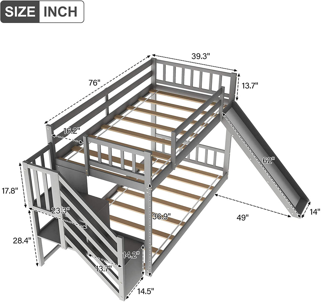 Twin Over Twin Floor Bunk Bed with Slide and Stair, Gray
