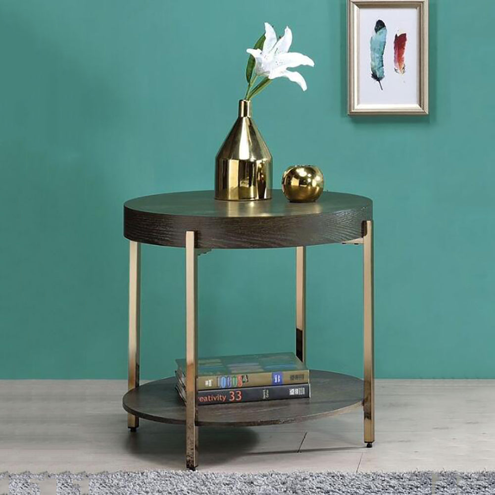 Wooden Round End Table with Shelf, Dark Oak & Champagne