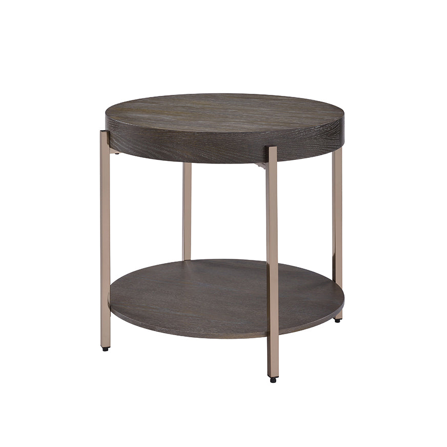 Wooden Round End Table with Shelf, Dark Oak & Champagne