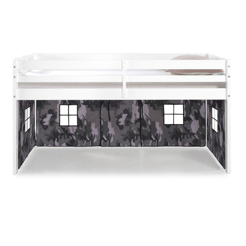 Twin Junior Loft Bed with Bottom Playhouse Tent, White & Camouflage