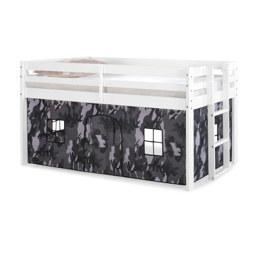 Twin Junior Loft Bed with Bottom Playhouse Tent, White & Camouflage