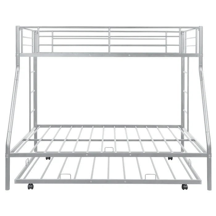 Twin over Full Bunk Bed with Trundle and Two Ladders, Silver