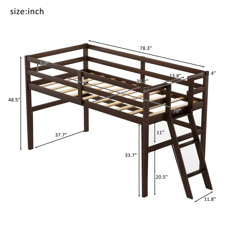 Twin Size Low Loft Bed with Ladder, Espresso