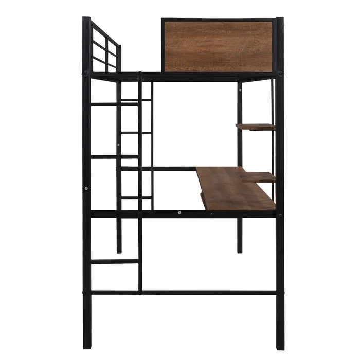 Twin Loft Bed with Built-in-Desk & Shelf and 2 Ladder, Black