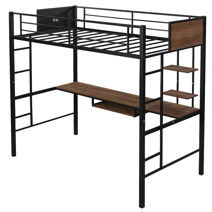 Twin Loft Bed with Built-in-Desk & Shelf and 2 Ladder, Black