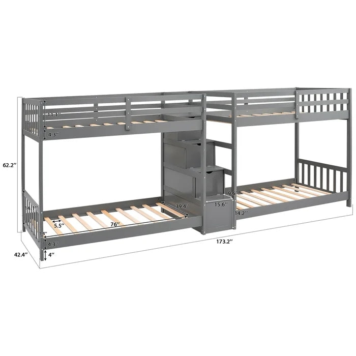 Twin over Twin Double Parallel Bunk Beds with Storage Staircase, Gray