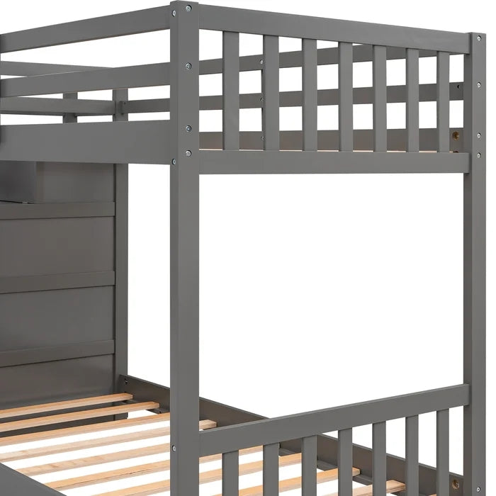 Twin over Twin Double Parallel Bunk Beds with Storage Staircase, Gray
