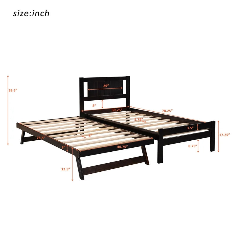 Twin Size Platform Bed with Adjustable Trundle, Espresso