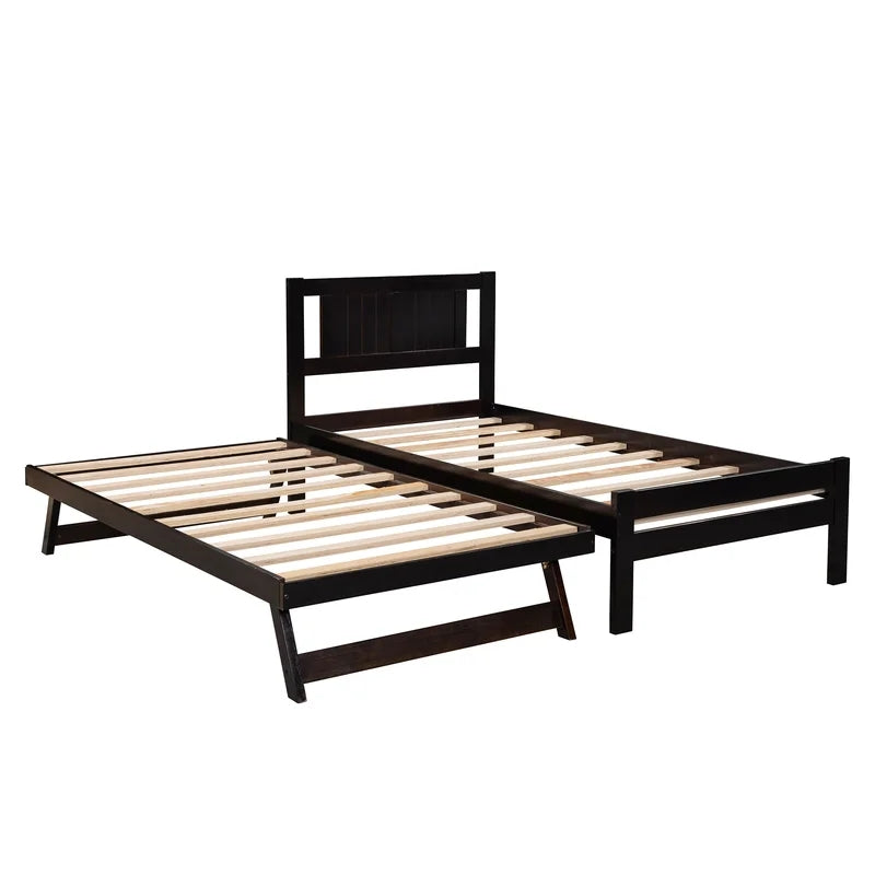 Twin Size Platform Bed with Adjustable Trundle, Espresso