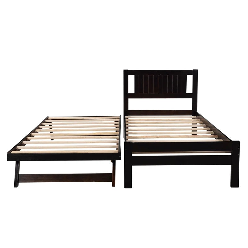 Twin Size Platform Bed with Adjustable Trundle, Espresso