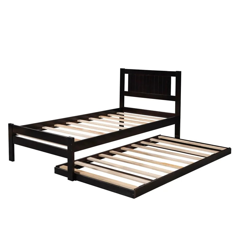 Twin Size Platform Bed with Adjustable Trundle, Espresso