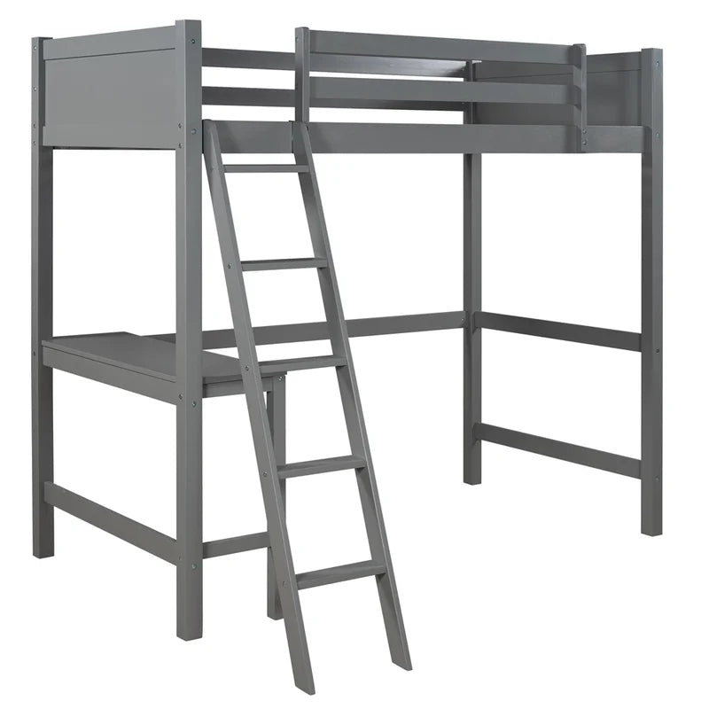 Twin size Loft Bunk Bed with Desk and Ladder, Gray