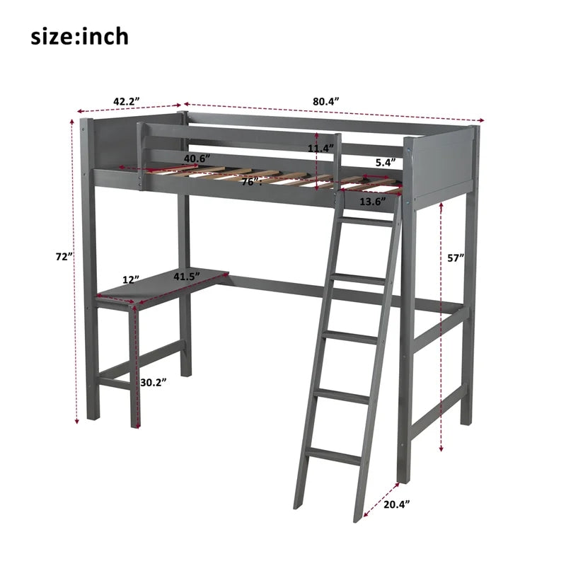 Twin size Loft Bunk Bed with Desk and Ladder, Gray