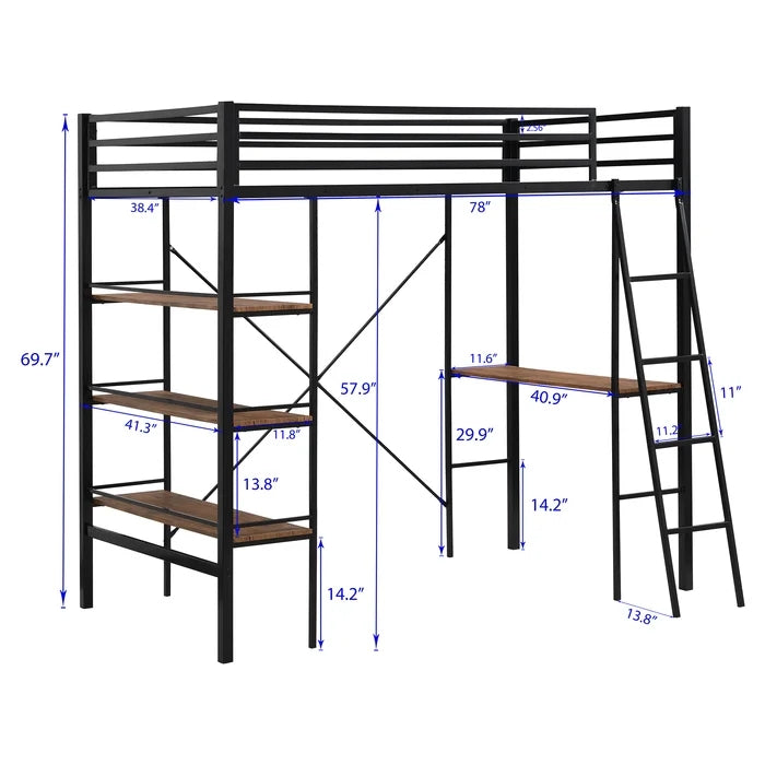 Metal Twin Loft Bed with Shelves and Desk, Black