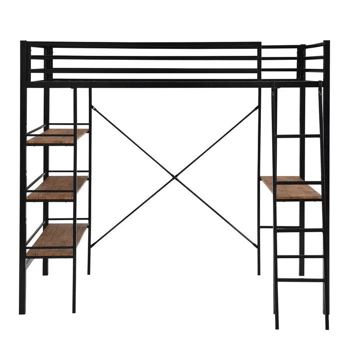 Metal Twin Loft Bed with Shelves and Desk, Black