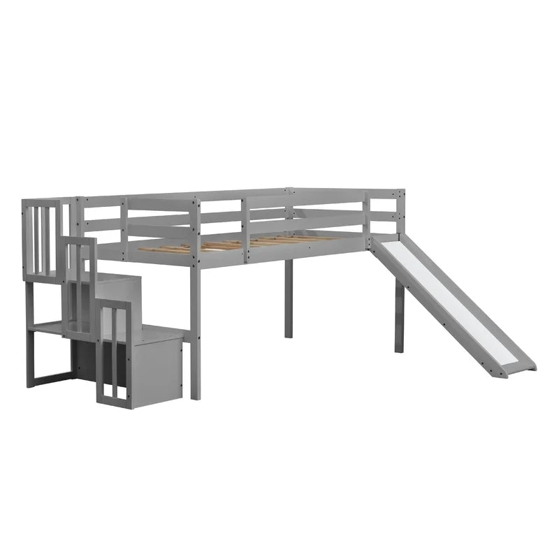 Twin Size Loft Bunk Bed with Slide, Grey
