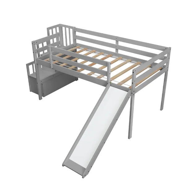 Twin Size Loft Bunk Bed with Slide, Grey