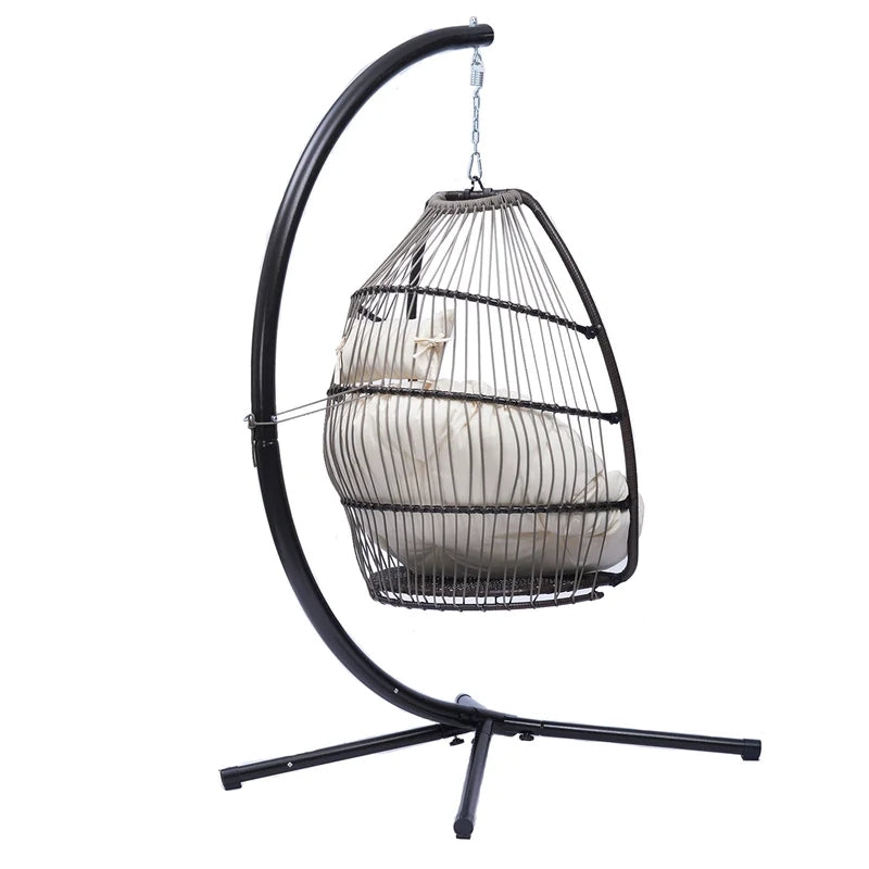 Rattan Folding Hanging Chair Swing Hammock with Cushion and Pillow